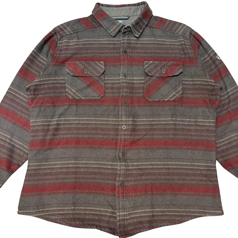 Kuhl Shirt Mens Large Gray Red Striped Twill Long Sleeve Button Front Outdoor